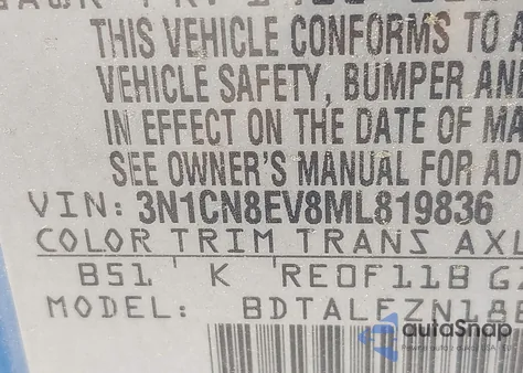 2021 Nissan Versa Sv Xtronic Cvt z USA, uszkodzony, nr VIN 3N1CN8EV8ML819836